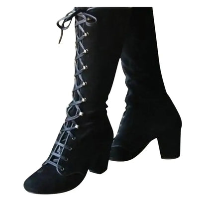 Knee high Retro Boots Lace Up Thick Heels Shoes