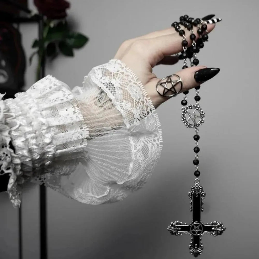 Goth Hollowed-out Circle Lacework Inverted Cross Pendant Black Bead Chain Necklace