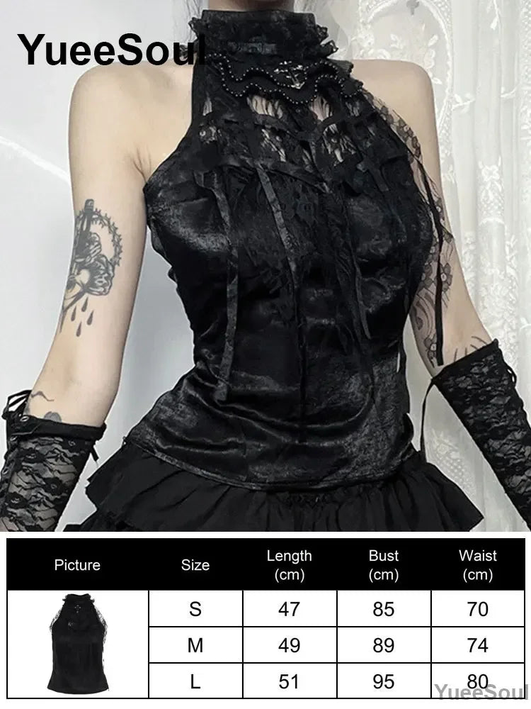 Gothic Lace Mesh Crop Spaghetti Strap Tops