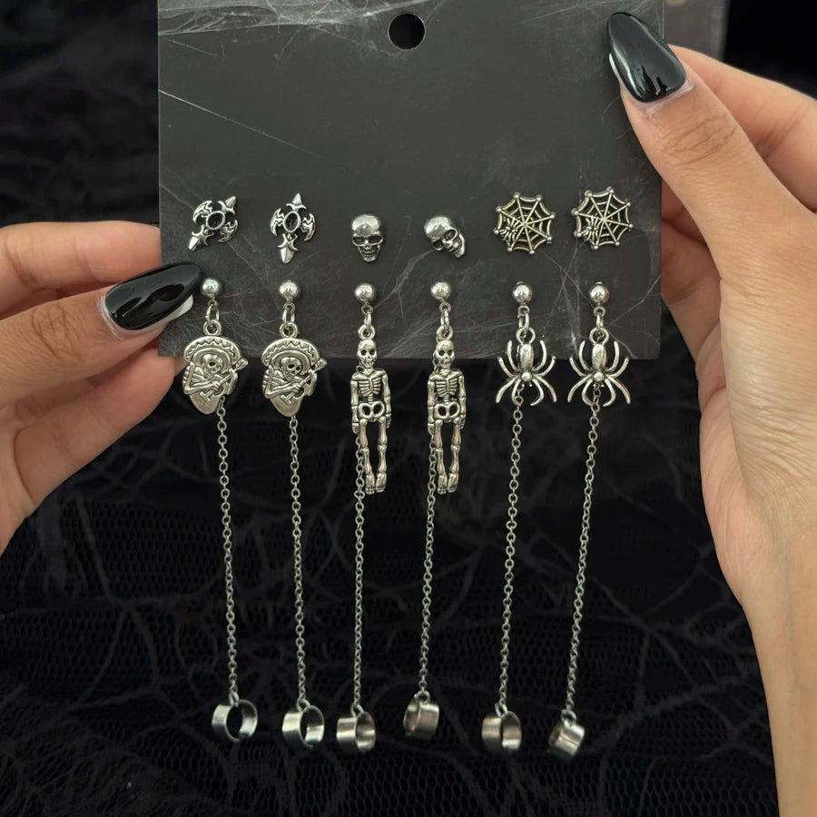 6Pairs/Set Halloween Red Crystal Skull Spider Metal Drop Earrings for Women Goth Cross Rose Piercing Earrings Jewelry