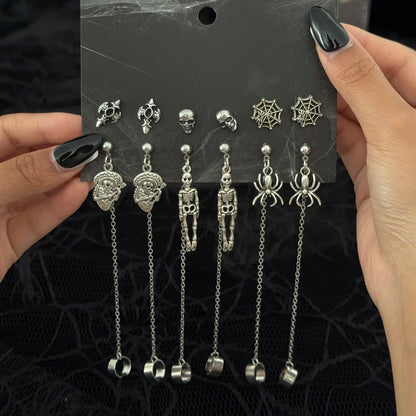 6Pairs/Set Halloween Red Crystal Skull Spider Metal Drop Earrings for Women Goth Cross Rose Piercing Earrings Jewelry