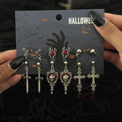 6Pairs/Set Halloween Red Crystal Skull Spider Metal Drop Earrings for Women Goth Cross Rose Piercing Earrings Jewelry