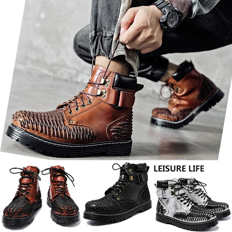 Genuine Leather Goth Round Toe Boots