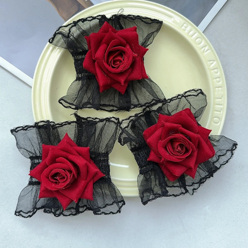 Ruffle Lace Red Rose Wristbands Charm Bracelets Flower Mesh Hand Wristbands