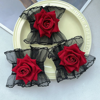 Ruffle Lace Red Rose Wristbands Charm Bracelets Flower Mesh Hand Wristbands