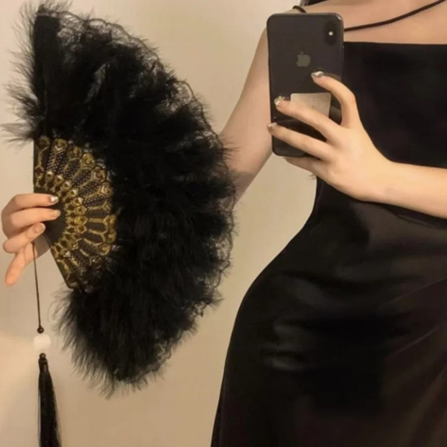 Black feather fan lace retro  1920s dance performance