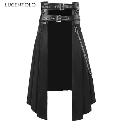 Men Pleated Skirt Asymmetric Black Chain