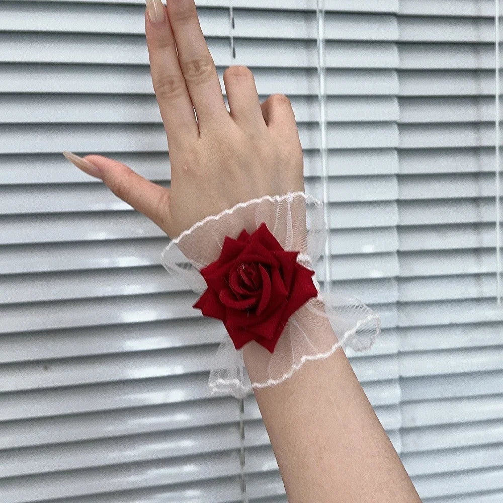 Ruffle Lace Red Rose Wristbands Charm Bracelets Flower Mesh Hand Wristbands