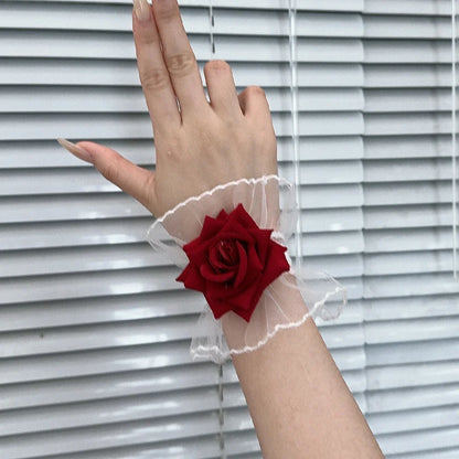 Ruffle Lace Red Rose Wristbands Charm Bracelets Flower Mesh Hand Wristbands