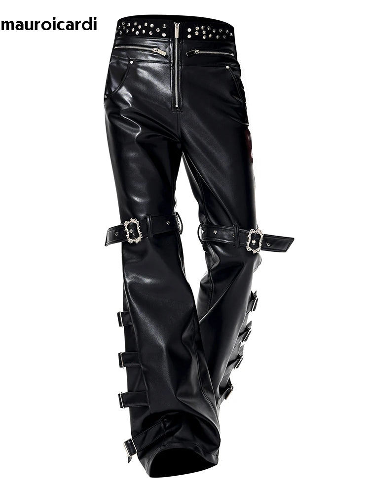 Mauroicardi Long Black Pu Leather Flare Pants for Men Rivet