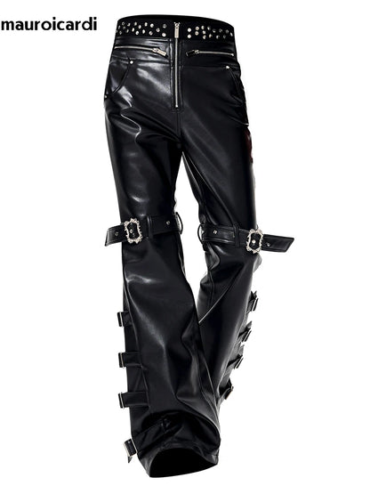 Mauroicardi Long Black Pu Leather Flare Pants for Men Rivet