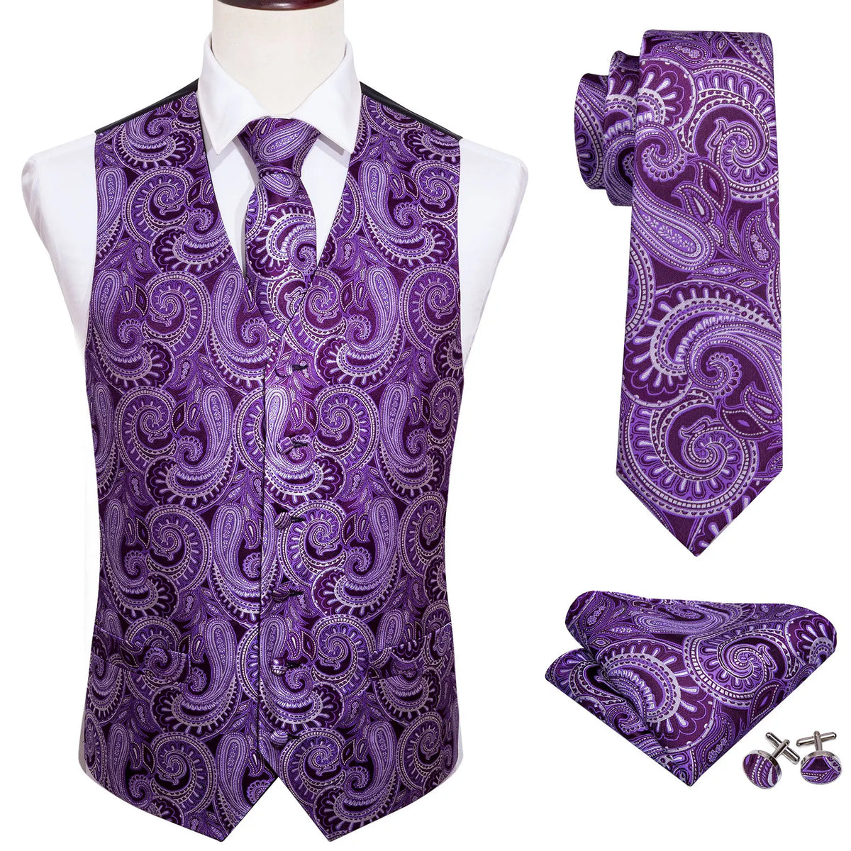 Lilac Purple Violet Lavender Silk Men Vest Tie Hanky Cufflinks Set Woven Waistcoat Sleeveless