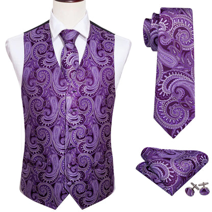 Lilac Purple Violet Lavender Silk Men Vest Tie Hanky Cufflinks Set Woven Waistcoat Sleeveless