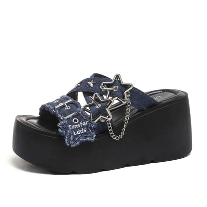 Gothic Chunky Platform Wedges Sandals Slides with Chain