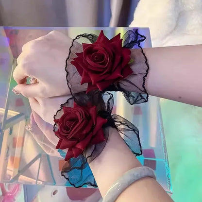 Ruffle Lace Red Rose Wristbands Charm Bracelets Flower Mesh Hand Wristbands