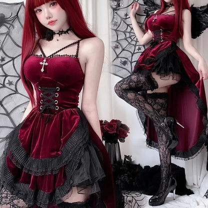 Vintage Gothic Lace Dovetail Halter Dress