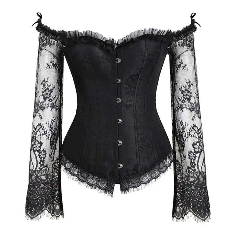 Gothic Vintage Silk Corset with Lace Long Sleeve off Shoulder