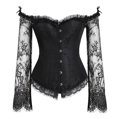 Gothic Vintage Silk Corset with Lace Long Sleeve off Shoulder
