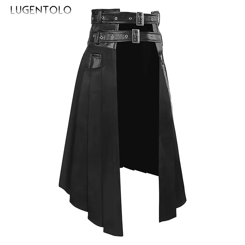 Men Pleated Skirt Asymmetric Black Chain
