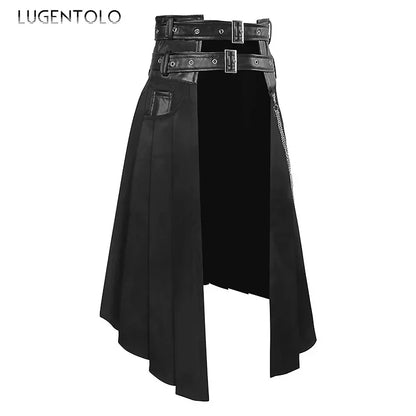 Men Pleated Skirt Asymmetric Black Chain