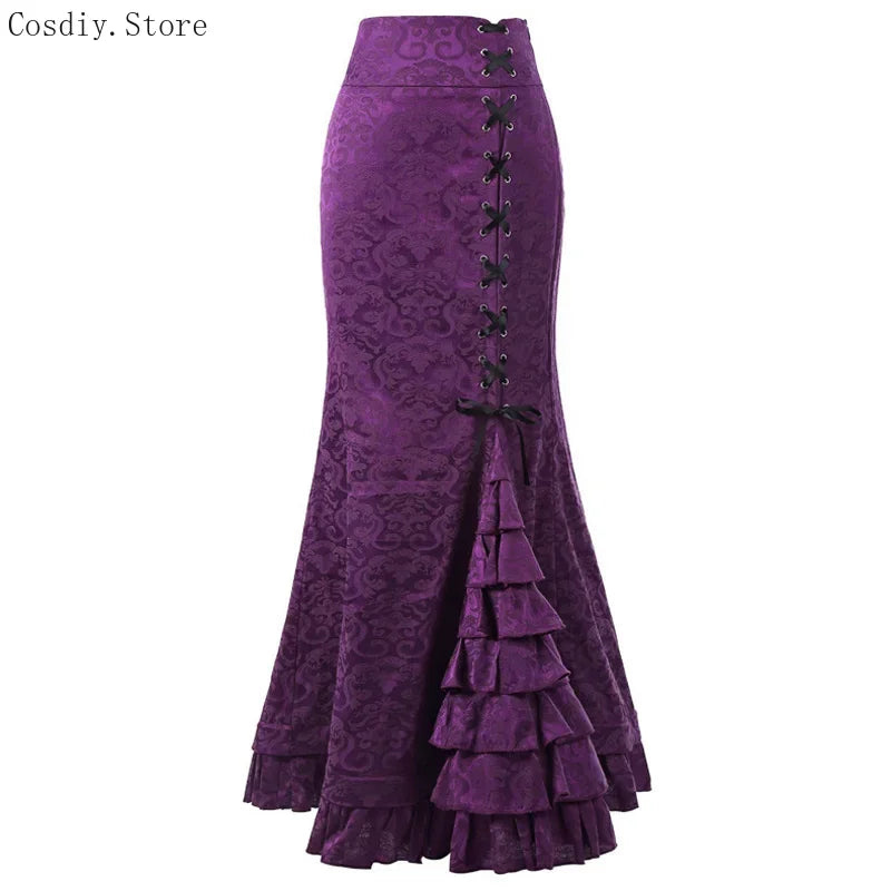 Jacquard Mermaid Bodycon Skirt Vintage Maxi Floor Women Lace Up Ruffle Skirt Elegant Long Floral Fishtail