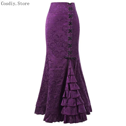 Jacquard Mermaid Bodycon Skirt Vintage Maxi Floor Women Lace Up Ruffle Skirt Elegant Long Floral Fishtail