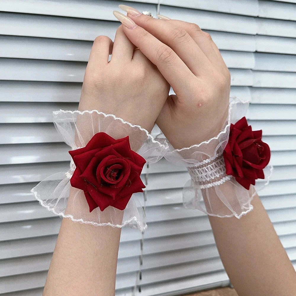 Ruffle Lace Red Rose Wristbands Charm Bracelets Flower Mesh Hand Wristbands