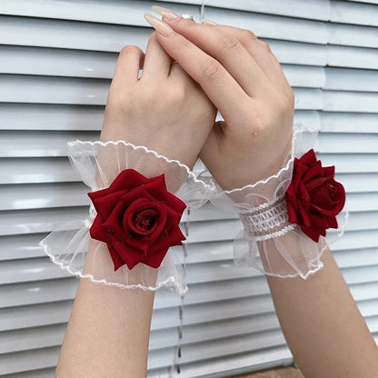 Ruffle Lace Red Rose Wristbands Charm Bracelets Flower Mesh Hand Wristbands
