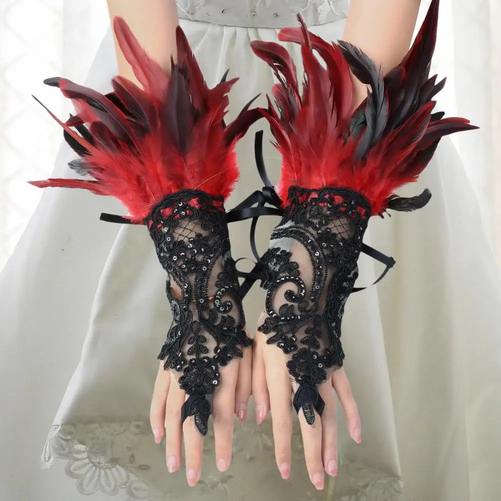 Lace Faux Feather Long Glove Gothic Mesh Embroidery Mitten