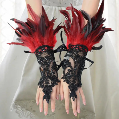 Lace Faux Feather Long Glove Gothic Mesh Embroidery Mitten