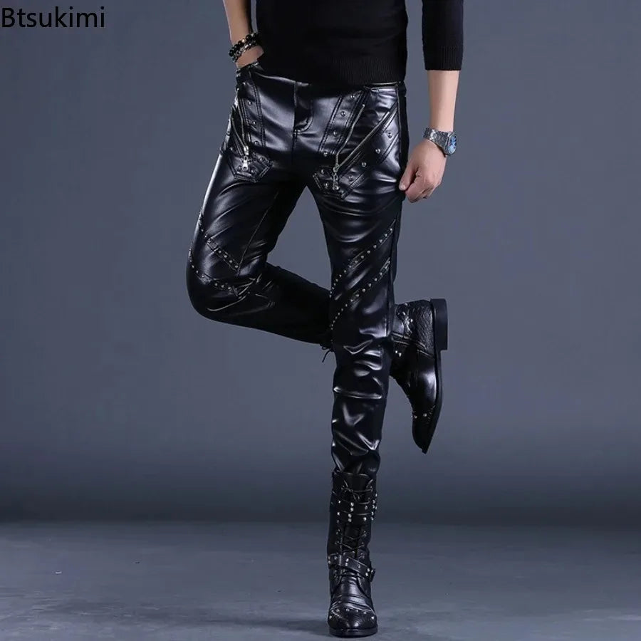 Rock Style PU Leather Rivets Zipper Slim Motorcycle Trousers