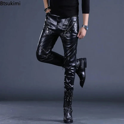 Rock Style PU Leather Rivets Zipper Slim Motorcycle Trousers