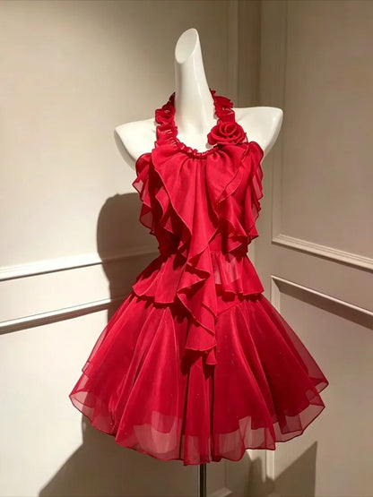 Sling Retro Tulle Ruffles Trim Dress