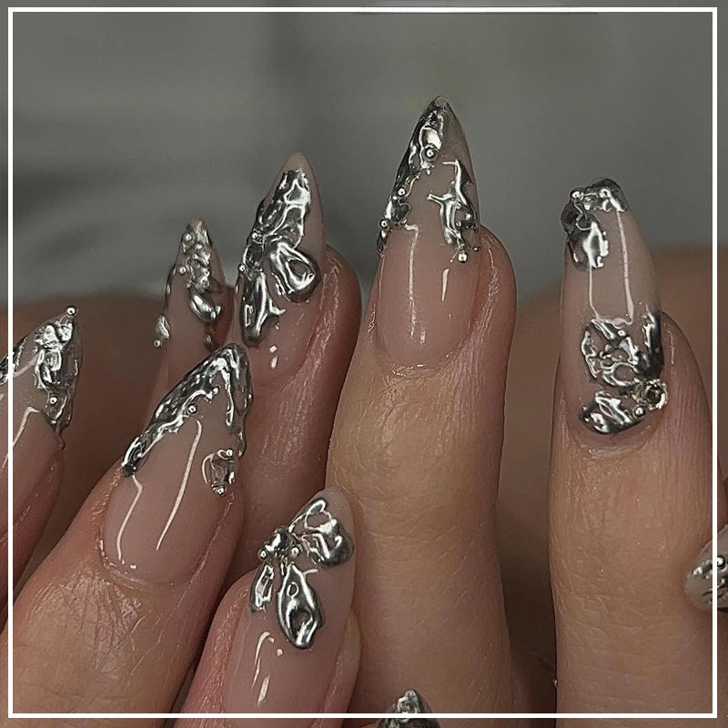 24Pcs Almond Press On Nails Goth Silve Rhinestone