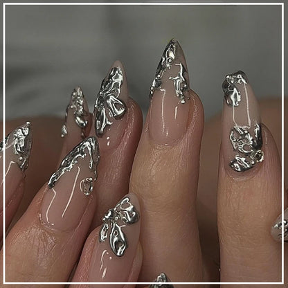 24Pcs Almond Press On Nails Goth Silve Rhinestone