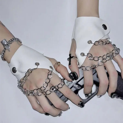 Hollow half palm half finger gloves rivet chain motorcycle gothic
