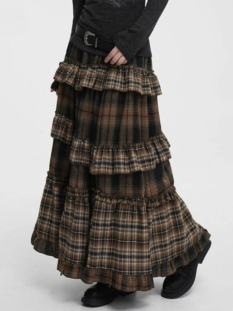 Vintage Long Plaid Ruffles Patchwork Casual Loose Skirt
