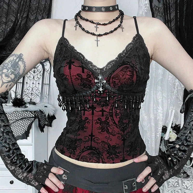 Vintage Camisole Lace Patchwork Beading Crop Tank Tops
