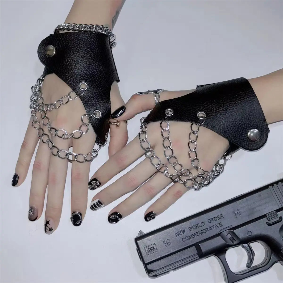 Hollow half palm half finger gloves rivet chain motorcycle gothic