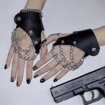 Hollow half palm half finger gloves rivet chain motorcycle gothic