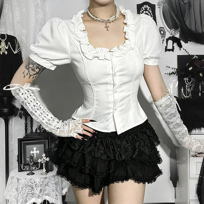 Goth Dark White Elegant U-neck Short Sleeve Shirt Blouse Ruffles Button Tops Office Shirts