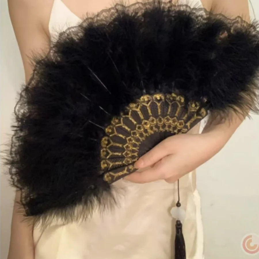 Black feather fan lace retro  1920s dance performance
