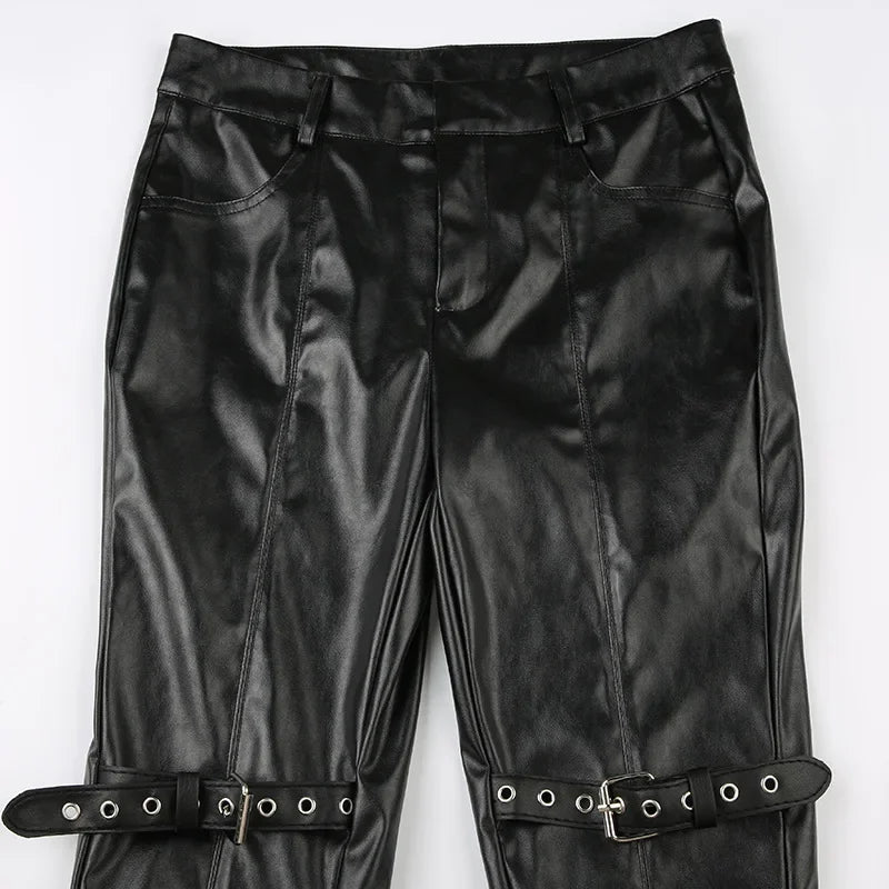 PU Leather Flare Pants, Gothic Buckle, Lace Patchwork