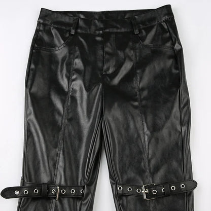 PU Leather Flare Pants, Gothic Buckle, Lace Patchwork