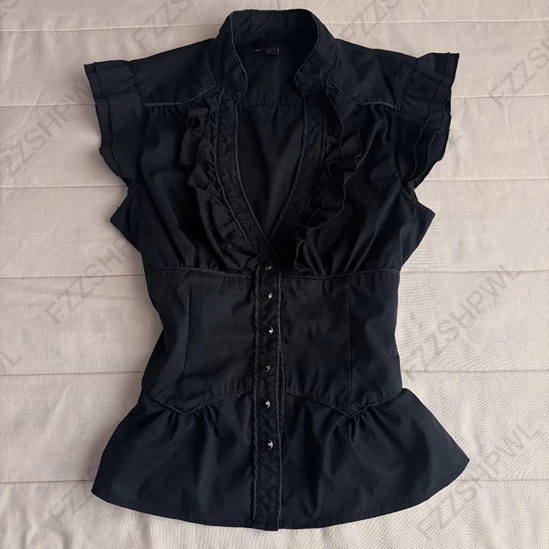 Corset Plaid Lace Ruffle Short Sleeve Shirt