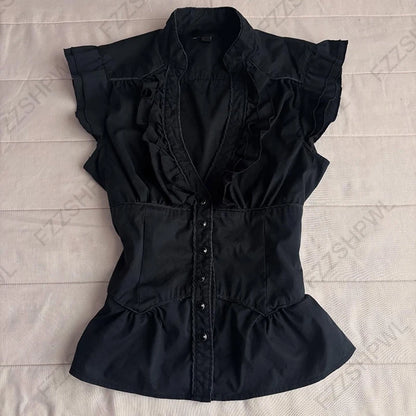 Corset Plaid Lace Ruffle Short Sleeve Shirt