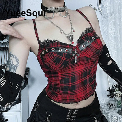 Gothic Lace Mesh Crop Spaghetti Strap Tops