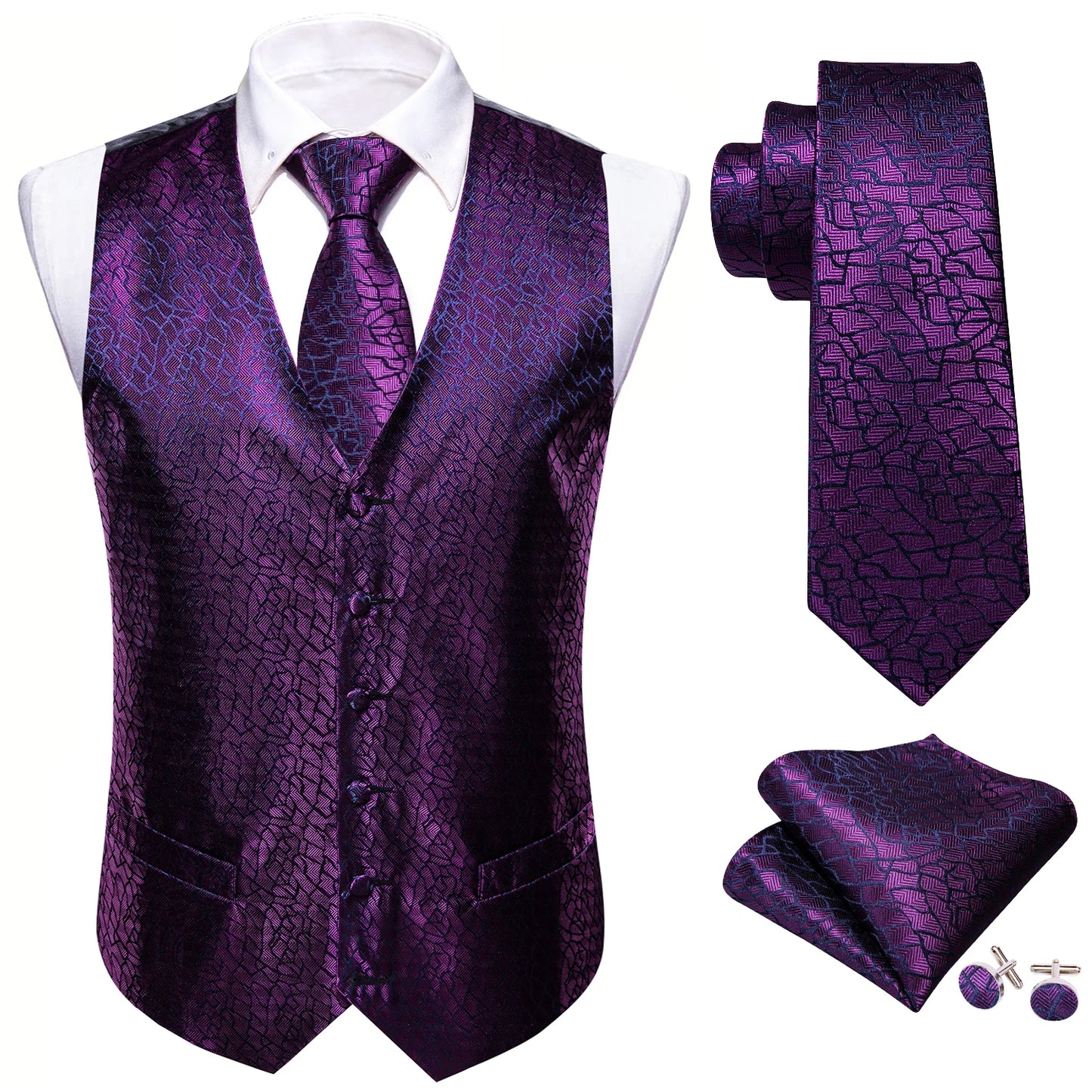 Lilac Purple Violet Lavender Silk Men Vest Tie Hanky Cufflinks Set Woven Waistcoat Sleeveless