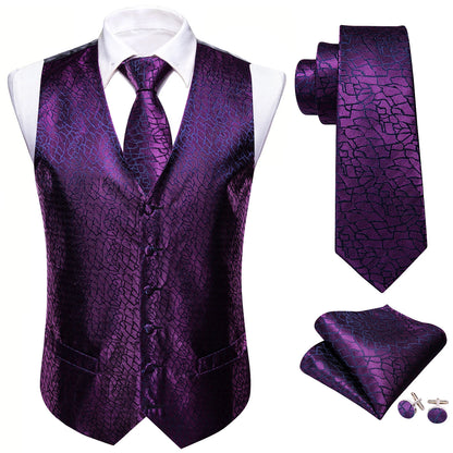 Lilac Purple Violet Lavender Silk Men Vest Tie Hanky Cufflinks Set Woven Waistcoat Sleeveless