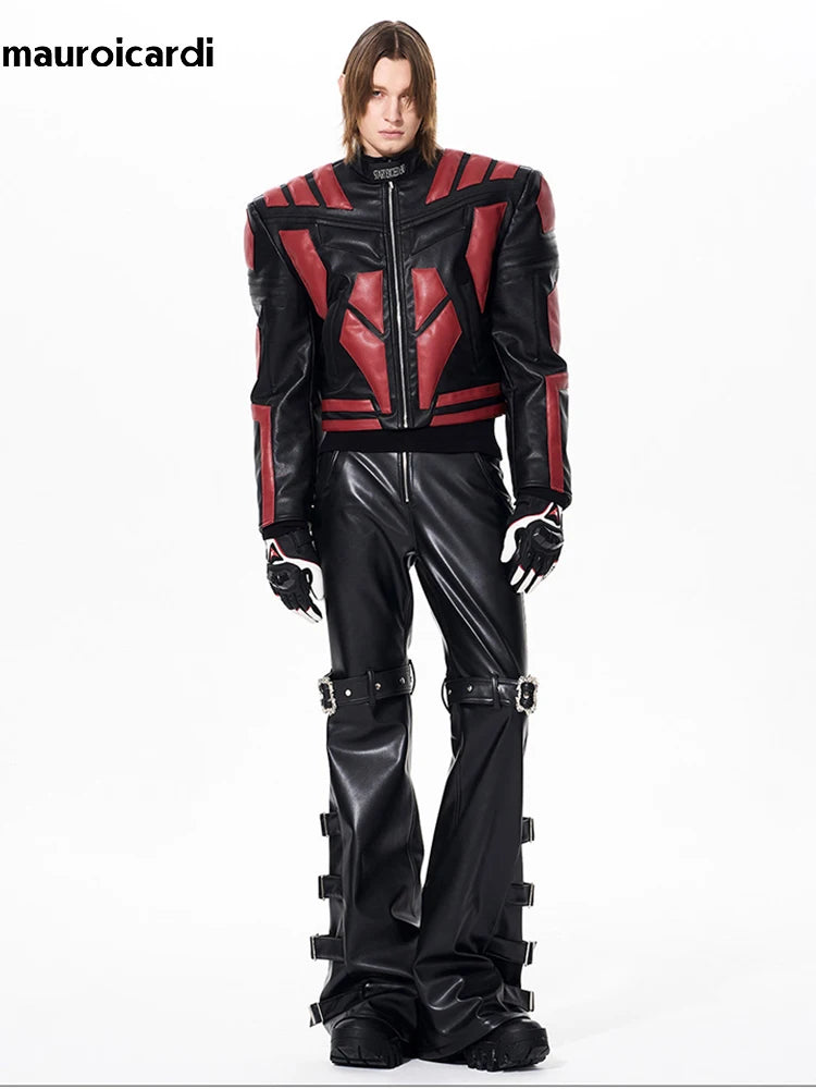 Mauroicardi Long Black Pu Leather Flare Pants for Men Rivet